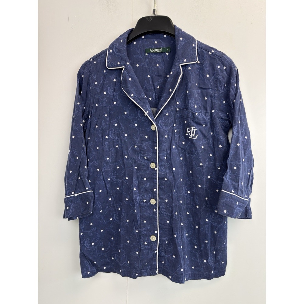 Ralph Lauren Women's Size M Sleep Pajama Shirt Blue Polka Dot Embroidered Logo